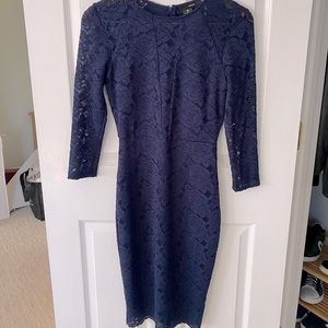 Navy - 3/4 sleeve Mid- Length Stretchy Body Con Lace dress - SM